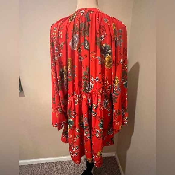 Umgee Harvest Red Floral Long Sleeve V Neck, LadderLace insets Dress, size Large - Picture 6 of 10